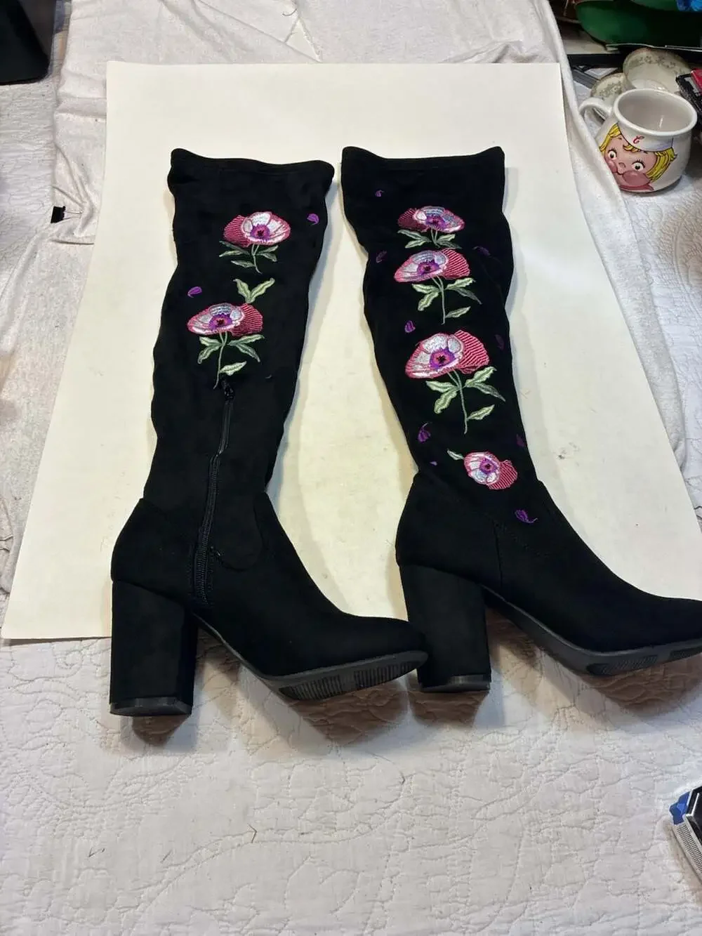 Carlos by Carlos Santana Quality Black Floral Embroidered Over The Knee Boot Siz